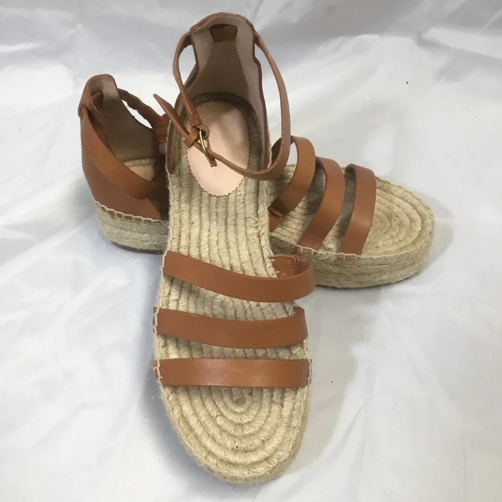 J. CREW 8.5 Brown Gladiator Espadrilles Leather Jute 1.5” Platform BH424